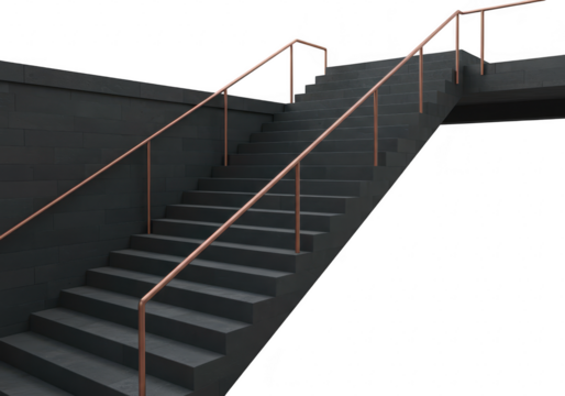 Modern dark staircase with copper handrails isolated on transparent background