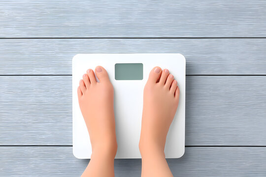 Bare feet on white digital scale. Simple visual on weight tracking, childhood health, or body image topics. Clean and minimal health-related concept.