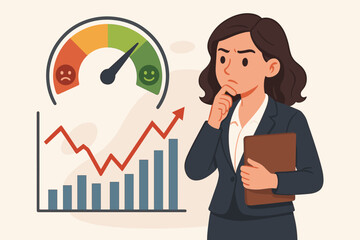 Fear greed index gauge businesswoman analyzing stock market economy charts financial performance metrics investment trading decision corporate analysis concept vector illustration