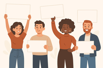 Diverse group people holding blank signs posters banners. Vector illustration characters with empty placards for protest demonstration presentation. Multicultural team cartoon style