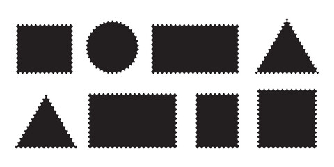 Set of blank rectangle and square Postage stamp frames. Postage frame form, vintage empty postcard stamp frame with perforated border, mail delivery sticker template, philately element. 