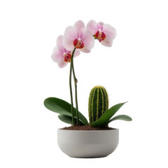 Pink Orchid and Green Cactus in White Pot
