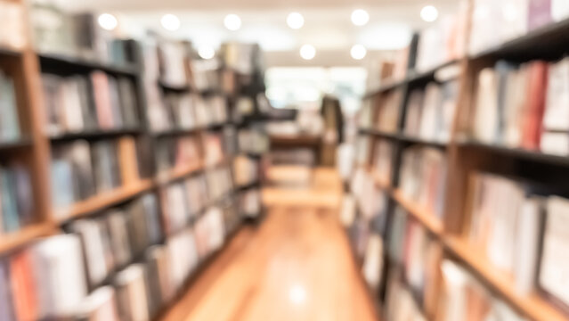 Blur book store or school library blurred background or blurry study class room, education interior with books on bookshelves in classroom aisle for students and teacher academic learning institution