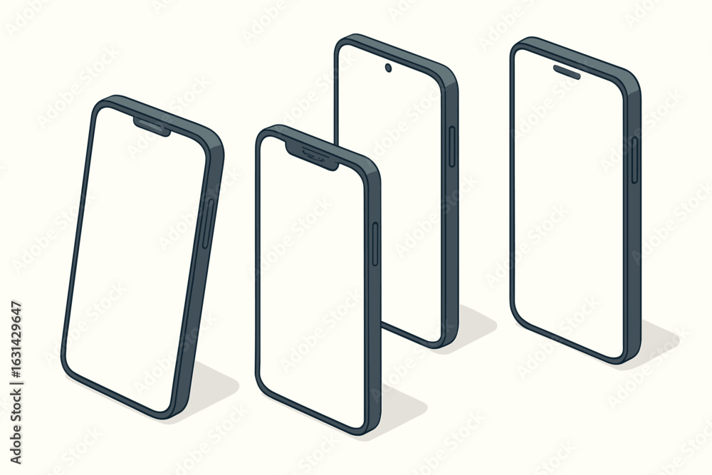 Poster isometric smartphone mockup set. mobile phone vector template collection. blank screen devices for a