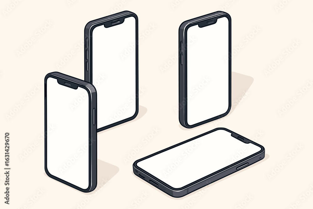 Poster isometric smartphone mockup set. mobile phone template with blank screens for app presentation. 3d p