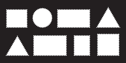 Set of blank rectangle and square Postage stamp frames. Postage frame form, vintage empty postcard stamp frame with perforated border, mail delivery sticker template, philately element. 