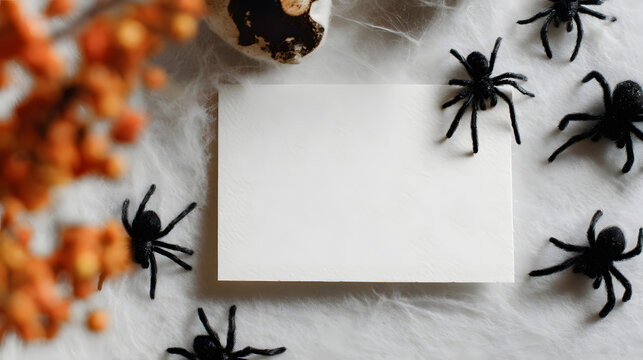 Halloween card mockup with spiders and pumpkins. Great for personalized messages, seasonal greetings or spooky promotional designs.