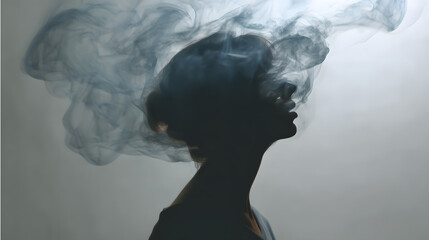 Profile of woman with smoke blending into her head. Conceptual black and white image symbolizing mental overload, anxiety or burnout.