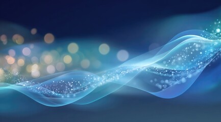 Abstract blue waves with sparkling particles and bokeh lights