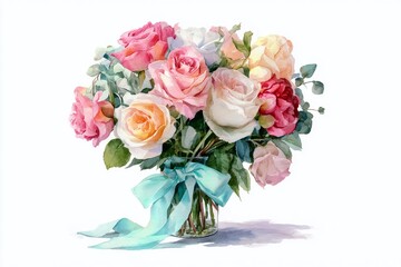 Obraz premium Delicate Pastel Roses A Watercolor Bouquet Soft Hues Loose Strokes Evoking Springtime Tranquility