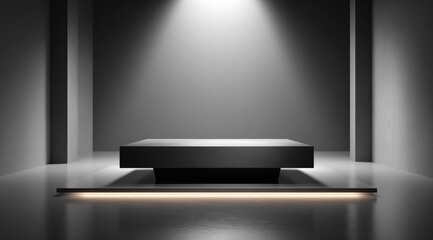 Dark room, spotlight on black platform