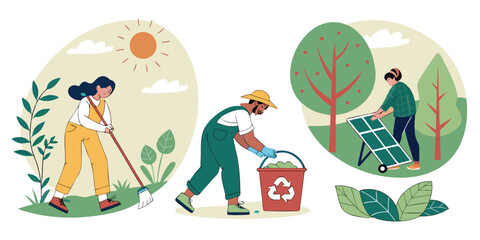 Fototapeta premium Nature and ecology concept illustrations. Set of people vector illustrations in various activities of ecology and environment, recycling, nature protection, renewable energy and sustainable
