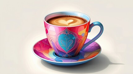 Fototapeta premium Steaming cup of coffee with latte art in a vibrant cup and saucer decorated with autumn leaf patterns