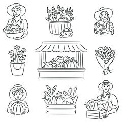 Line Art Farmers Market and Harvest Icons, People with Produce, Baskets, Flowers, Market Stand, Fruits, Vegetables