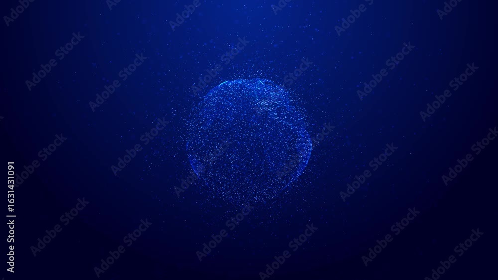 Poster visual digital representation showing rotating globe gradually disintegrating into countless glowing