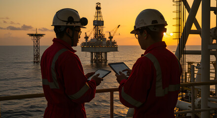 Two oil rig workers in protective gear, reviewing digital tablets at sunset over the ocean.