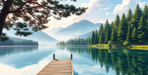 illustration of wood water bridge lake forest mountain fog