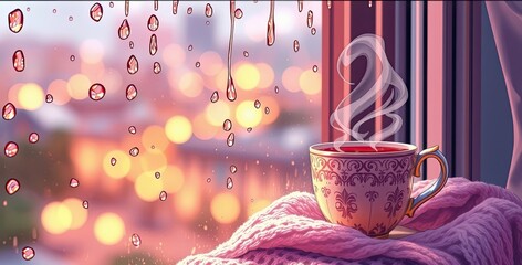 Anime style of hot coffee cup and scarf near window while raining