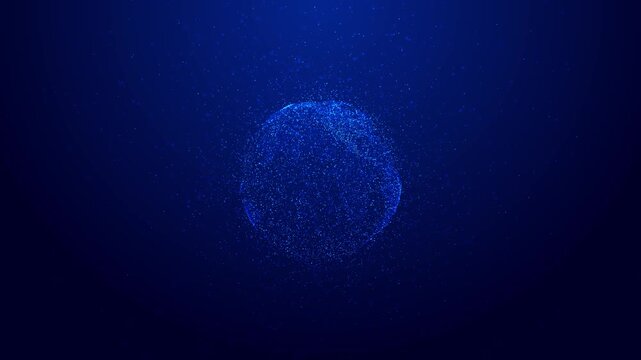 Visual digital representation showing rotating globe gradually disintegrating into countless glowing particles. Symbolizes data dispersion, digital collapse, evolution of virtual connectivity
