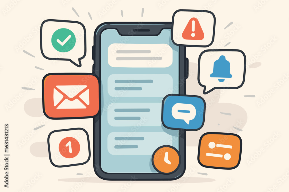 Poster smartphone mobile phone push notifications alerts messages apps digital communication technology vec