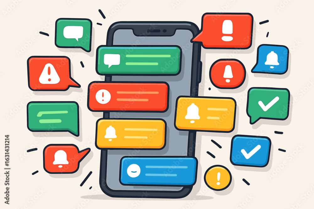 Poster mobile smartphone screen overwhelmed with push notifications messages alerts and app reminders poppi