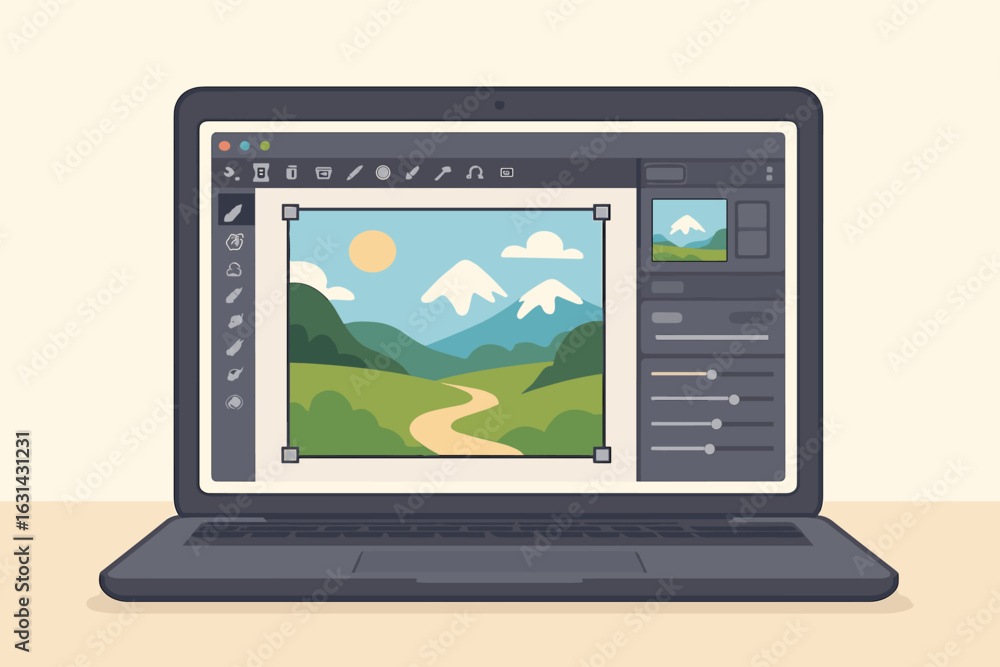 Poster photo editing software interface on laptop screen. computer graphic design application with landscap