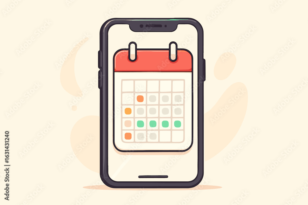 Poster smartphone calendar app interface vector illustration. mobile phone with scheduling application desi