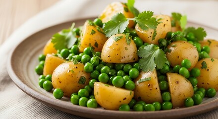 Delicious Potato and Pea Salad with Fresh Herbs: A Simple, Nutritious and Refreshing Meal on Neutral Background.