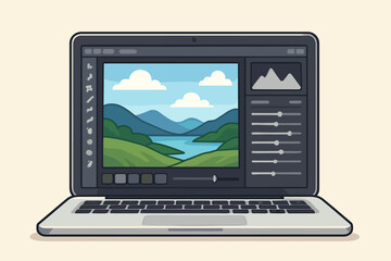 Photo editing software interface on laptop screen computer. Image editor application with landscape photo. Digital design workspace. Vector illustration flat style cartoon