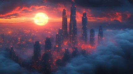 Obraz premium Futuristic city sunset above clouds background