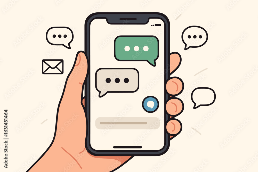 Poster hand holding smartphone with text message bubbles chat communication mobile phone texting app social