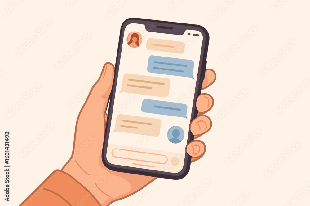 Poster hand holding smartphone with text message chat conversation on screen. mobile phone sms texting comm