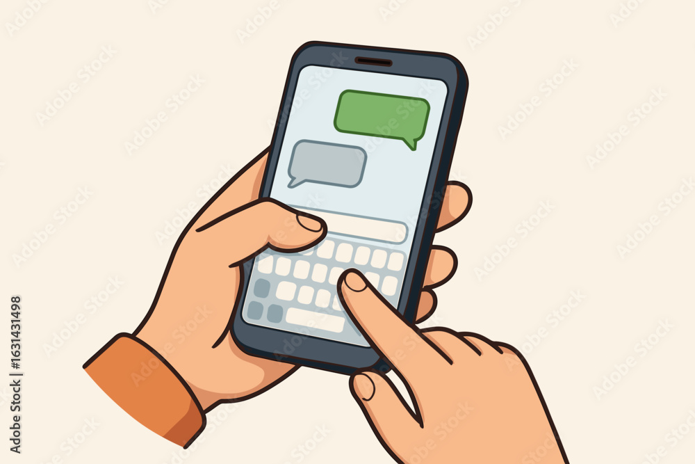 Poster hands holding smartphone with chat bubbles messaging texting communication vector illustration mobil