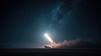 Rocket launch vehicle ignites in the night sky, sending a bright trail of light into the cosmos, surrounded by a starry backdrop and billowing clouds of smoke