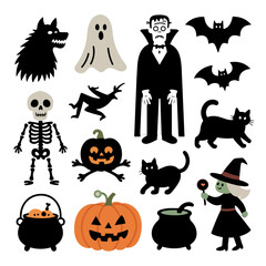 Halloween icons set with pumpkin ghost bat witch cat spider skull and spooky autumn elements in vector cartoon style