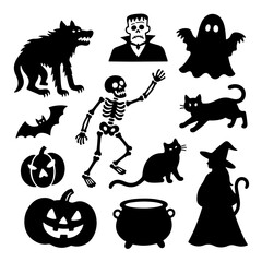 Halloween icons set with pumpkin bat ghost cat witch spider skull and spooky silhouettes in cartoon style for October holiday design