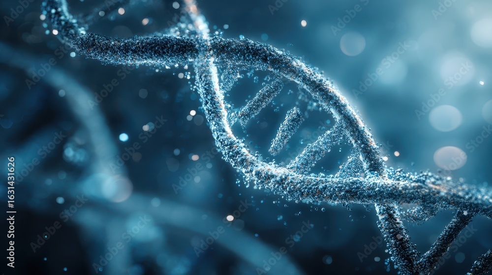 Poster the intricate dna double-helix structure surrounded by sparkling particles in blue light.