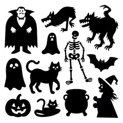Halloween icons set with silhouettes of cats bats pumpkins ghosts witches and other spooky animals in cartoon style vector collection