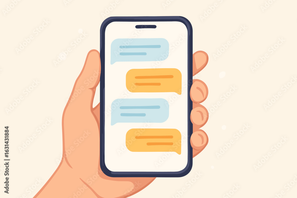 Poster hand holding smartphone with text message conversation chat bubbles sms communication mobile phone t