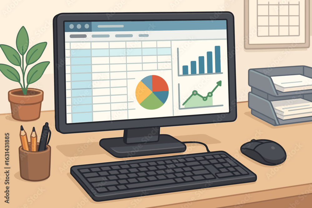 Poster business accounting spreadsheet software desktop computer screen with financial charts graphs data a