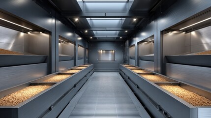 Modern industrial interior showcasing a spacious storage facility with metallic shelving filled with grains, illuminated by overhead lights, emphasizing organized storage solutions and efficiency