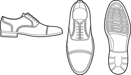 Men’s dress shoe technical cad drawing, formal oxford shoe line art sketch, classic footwear blueprint, cad drawing flat vector illustration