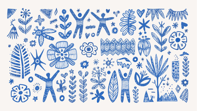 Illustration of stylized blue flora and human figures on a white background in a naive style art