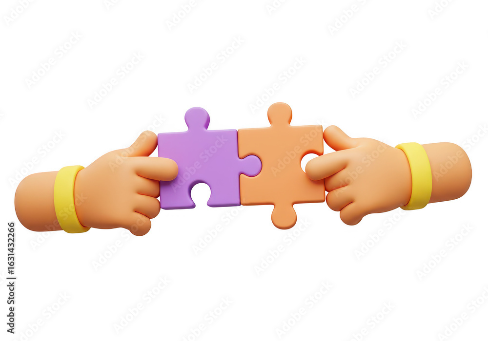 Poster two cartoon hands connecting puzzle pieces, symbolizing teamwork and solutions, isolated on white is