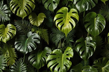 Wall of green leaf plants background