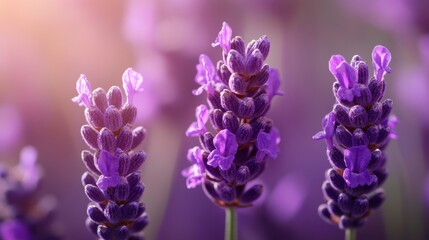 Three vibrant purple lavender flowers in soft sunlight.