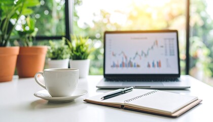 Modern Workspace with Laptop Chart Graphs Notebook Pen and Coffee Mug in Bright Office