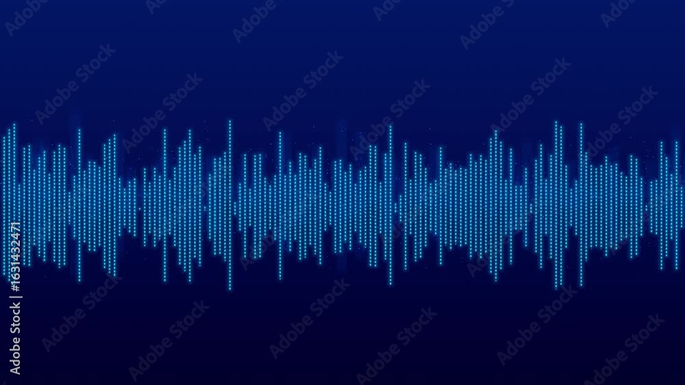 Poster animated visual digital audio waves rhythmically across deep blue background. glowing bars dynamic e