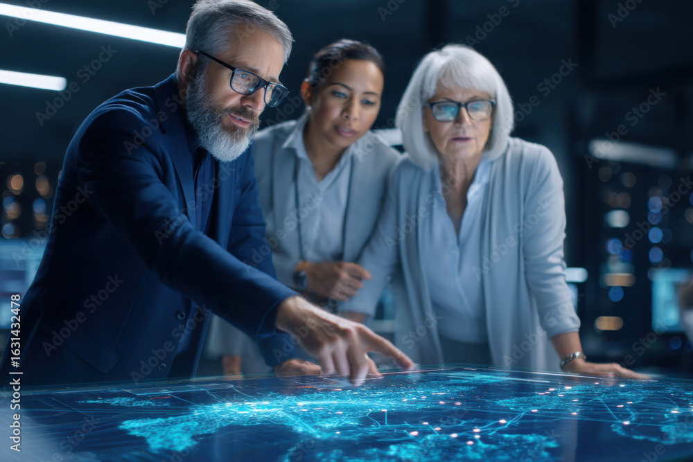 Poster three professionals engage with a digital interface, analyzing data collaboratively in a modern offi