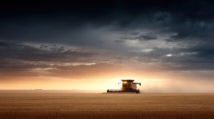 Fototapeta premium Agricultural machinery, a combine harvester, is working in a vast golden wheat field at sunset, with dramatic clouds creating a stunning atmospheric landscape